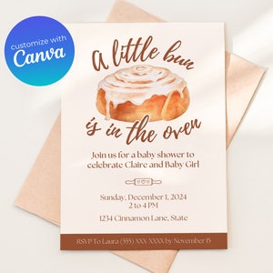 Bun in the Oven Baby Shower Invitation Template | Gender Neutral Bakery Cinnamon Roll Invite - DIGITAL DOWNLOAD, Canva