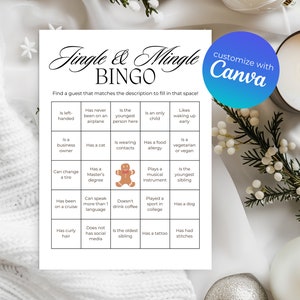 Holiday Party Bingo Game Template | Printable Jingle and Mingle Game for Christmas and Hanukkah -  Customize in Canva