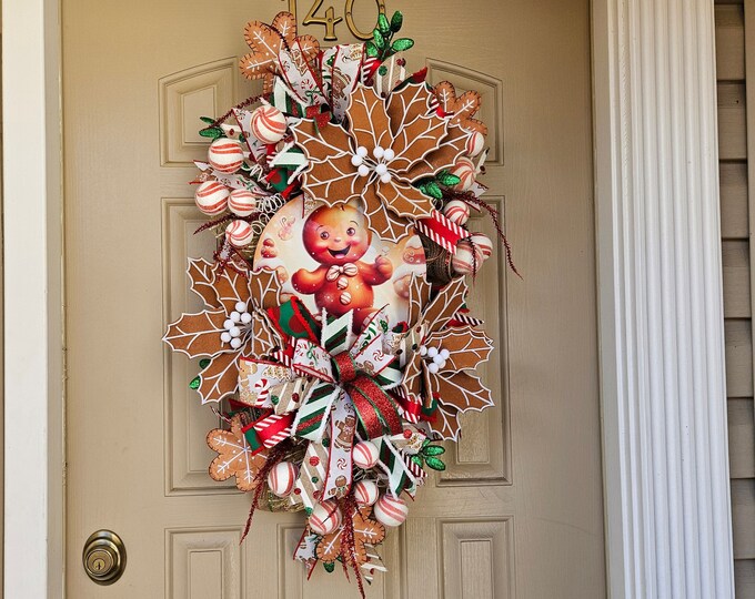 Handmade Gingerbread Christmas Wreath, Festive Holiday Door Swag ...