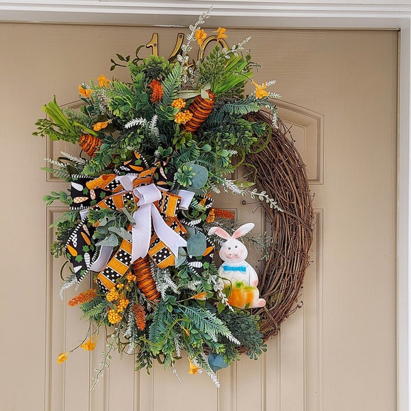 Farmhouse Easter Wreath, Front Door Decor, Metal Bunny Grapevine, Country Carrot Door Hanger, Welcome Spring Wreath, Rustic Easter Swag,