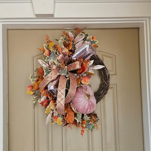 Handmade Pink Velvet Pumpkin Fall Wreath: Glitter Leaves, Elegant Ribbons