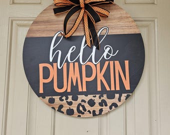 Hello Pumpkin Door Hanger, Fall Front Door Sign with Leopard Print and Orange Bow, Farmhouse Autumn Wall Decor, Pumpkin Door Decor