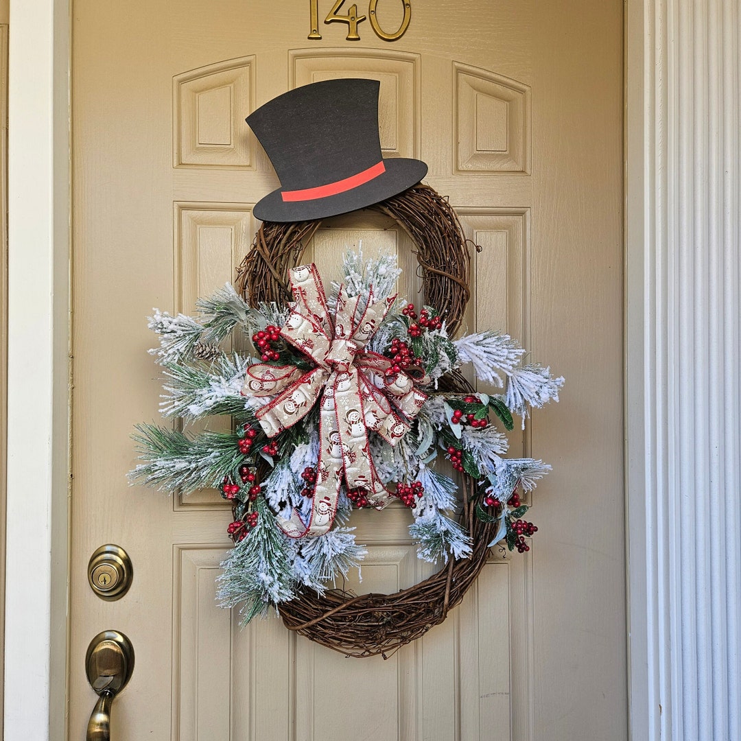 Snowman Holiday Wreath, Front Door Decor, Flocked Snow Christmas Swag ...