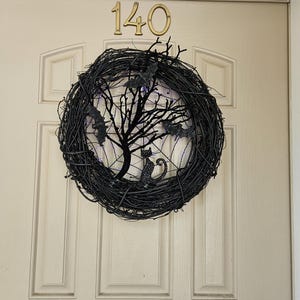 Halloween Light Up Wreath with Purple LED, Gothic Grapevine Wreath with Cat, Tree and Bats, Battery Operated Spooky Door Decor