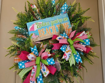 Beach Wreath for Front Door, Relax You're on Beach Time Wreath, Coastal Summer Door Hanger, Tropical Front Porch Decor