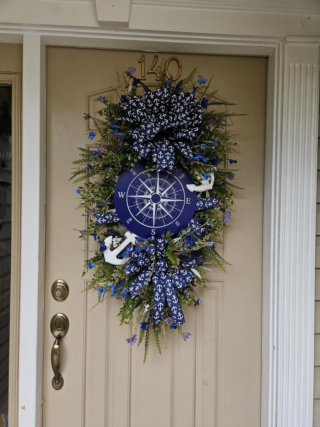 Nautical Compass Door Swag, Navy Blue Anchor Wreath, Coastal Front Door ...