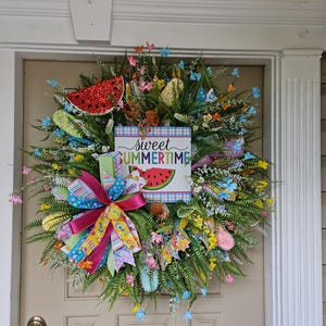 Hello Summer Wreath for Front Door, Sweet Summertime Watermelon Wreath, Bright Summer Door Decor, Colorful Floral Wreath Handmade