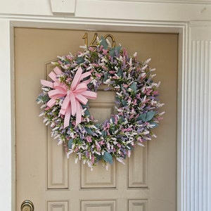 Everyday Pink Wreath, Front Door Decor, Welcome Door Hanger, Spring Grapevine, Summer Farmhouse Swag, Elegant Lavender Floral Wreath,