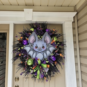 Handmade Halloween Bat Wreath: Purple, Green, Spooky Door Decor
