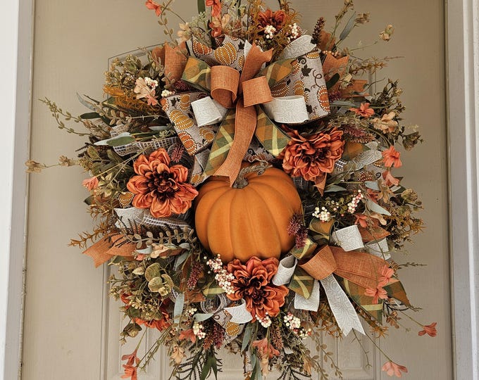 Pumpkin Fall Wreath for Front Door – Orange Autumn Wreath With Bow and ...