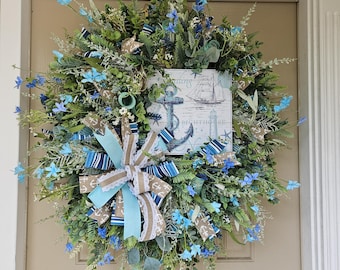 Coastal Anchor Wreath for Front Door, Nautical Summer Wreath with Sailboat Sign, Blue Floral Beach Decor, Lake House Door Wreath