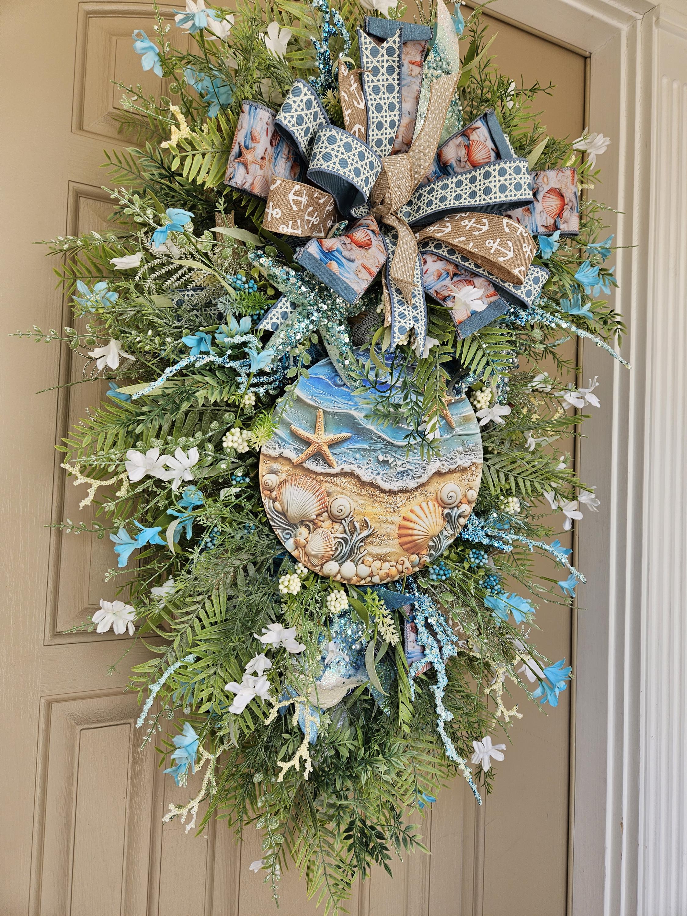 Beach Coastal Wreath Swag, Nautical Starfish Coral Door Decor, Ocean ...