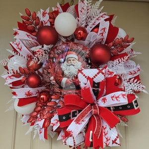 Santa Christmas Wreath: Red & White Holiday Door Decor
