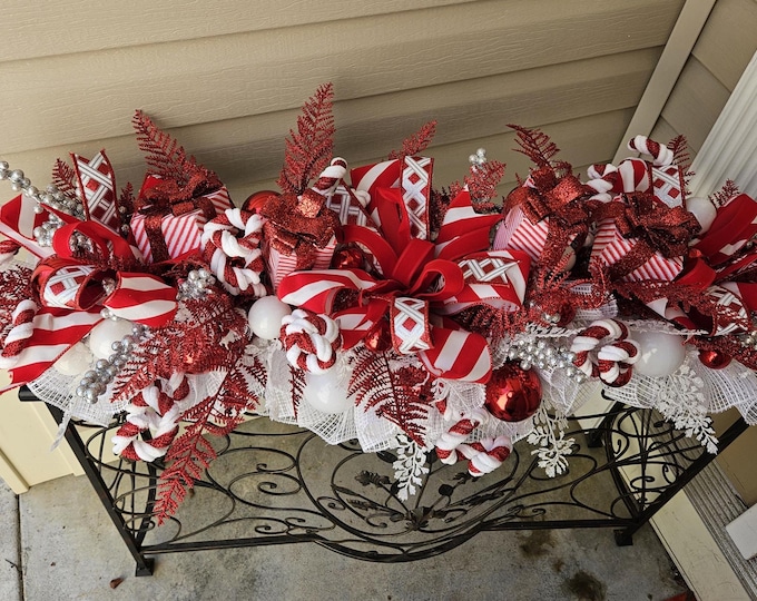 Christmas Garland Red White Candy Cane Decor, Holiday Mantel Garland ...