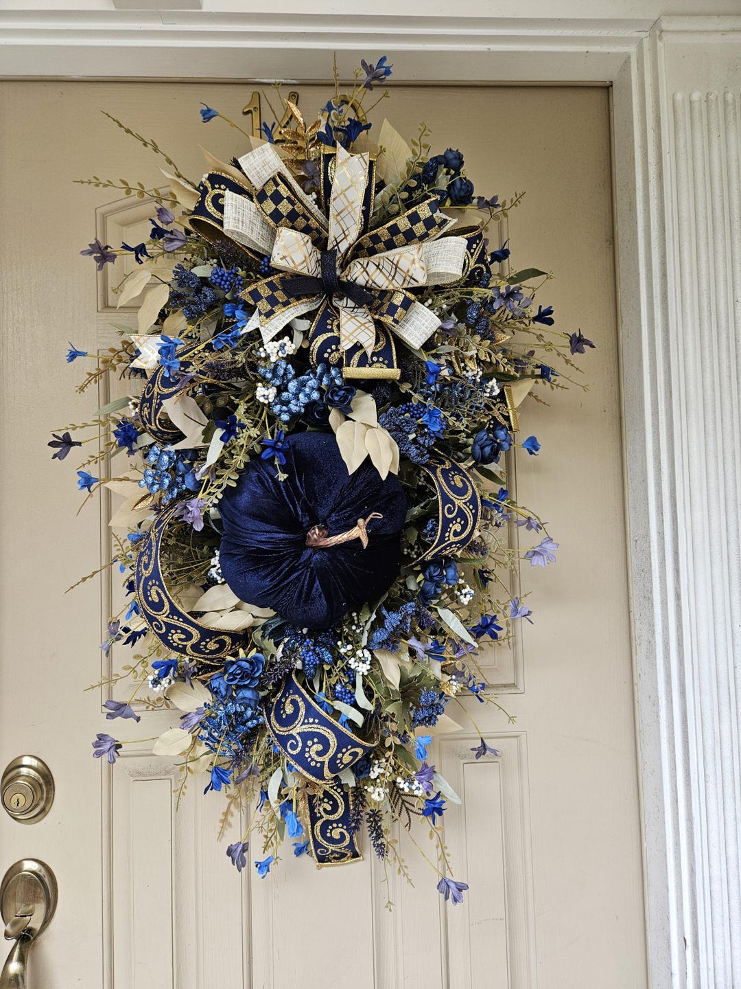 Navy Blue Pumpkin Fall Swag, Elegant Autumn Door Hanger, Blue and Gold ...