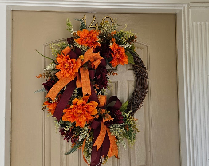 Handmade Fall Grapevine Wreath, Autumn Orange and Burgundy Dahlia Door ...