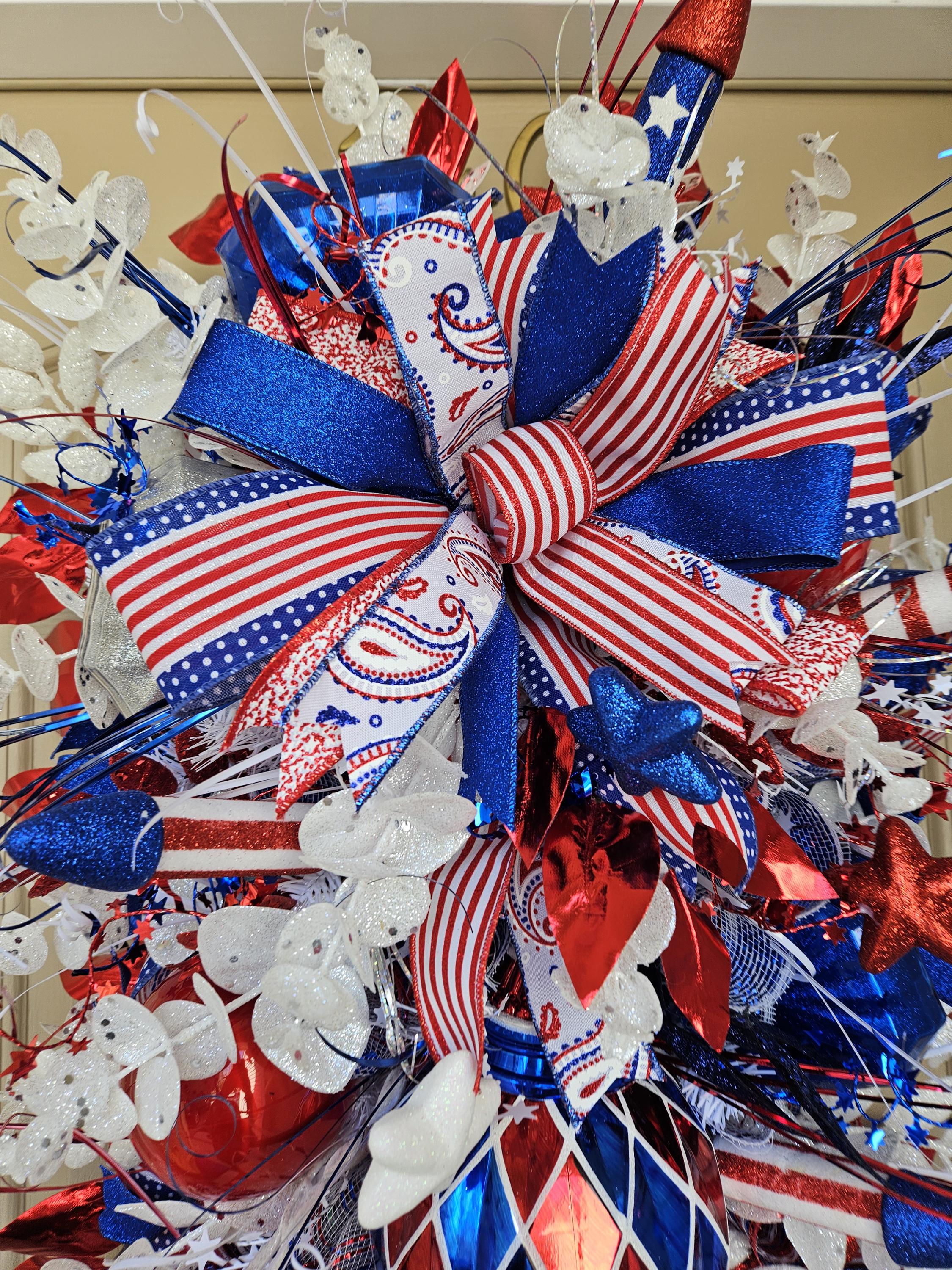 Patriotic Swag Wreath, 4th of July Door Decor, Red White Blue Finial ...