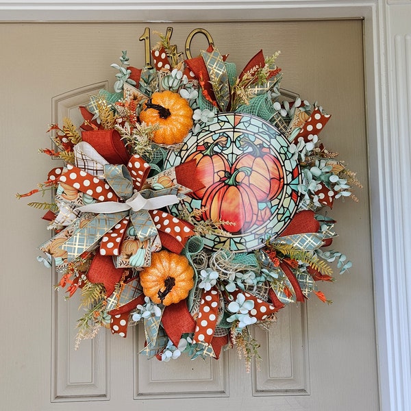 Fall Pumpkin Wreath, Front Door Decor, Autumn Door Hanger, Fancy Fall Mint Swag, Unique Fall Harvest Wreath, Elegant Chic Swag, Beautiful