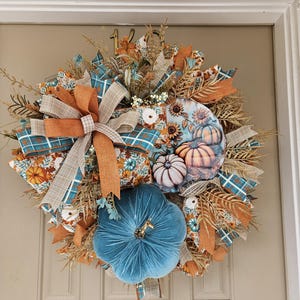 Handmade Teal Velvet Pumpkin Fall Wreath: Orange Ribbon & Plaid
