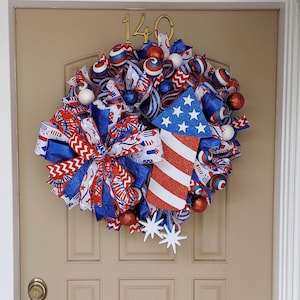 Patriotic 4th of July Wreath: Red White Blue Firework, Glitter Bow