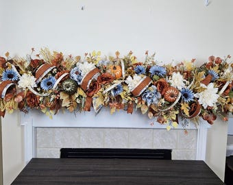 6 Foot Fall Garland, Blue Pumpkin Garland, Autumn Mantel Garland, Farmhouse Harvest Decor, Thanksgiving Fireplace Garland
