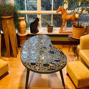 Kidney table 50s 60s midcentury petrol blue with mosaic of agate stones