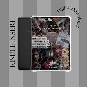 Puede incluir: Una funda para Kindle con un diseño de collage. El diseño incluye texto, una calavera, rosas e imágenes de una pareja. El texto incluye "Digital Download", "Kindle Insert" y frases como "Run, little mouse". La funda está en una funda transparente.