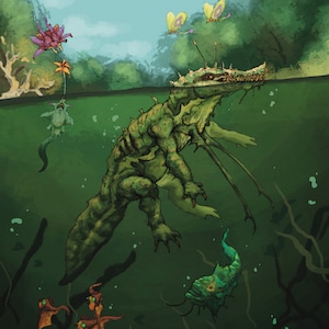 May include: A green, reptilian creature with a long snout and sharp teeth swims in a murky green pond.  The creature has long, thin legs and a long tail.  There are several small, colourful fish and butterflies swimming around the creature.