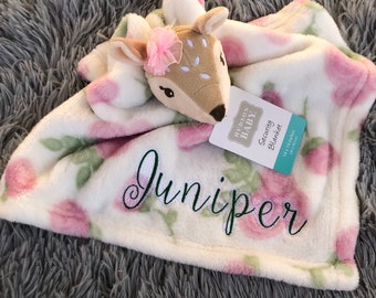 Deer Fawn Rose Plush Personalized Newborn Lovie Lovey Security Blanket Baby Shower or Christmas Gift Snuggie Toy