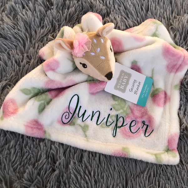 Deer Fawn Rose Plush Personalized Newborn Lovie Lovey Security Blanket Baby Shower Gift
