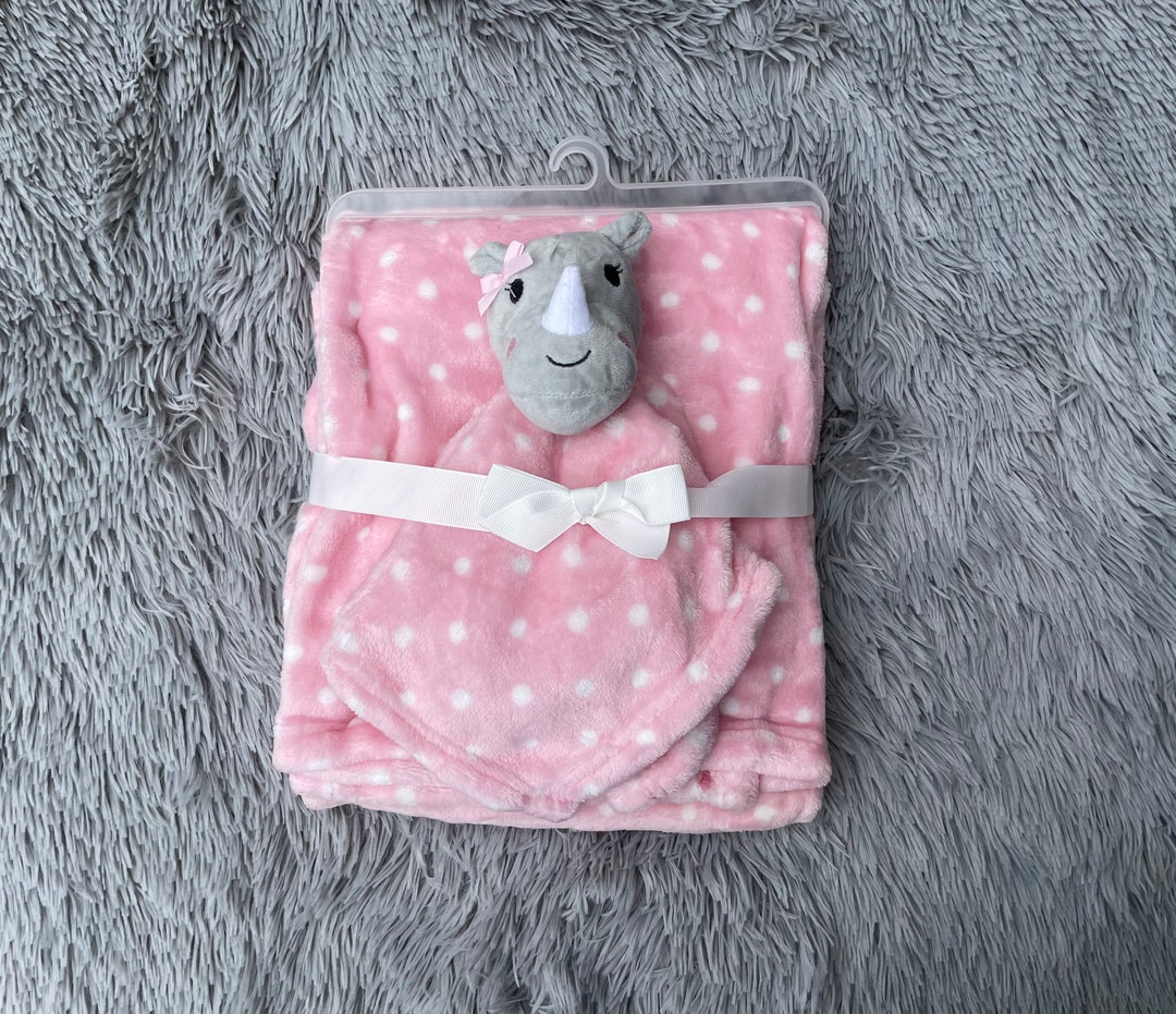 Rhino Pink White Plush Personalized Newborn Security Blanket and Lovey Rhinoceros Gift Set Baby Shower Gift Etsy