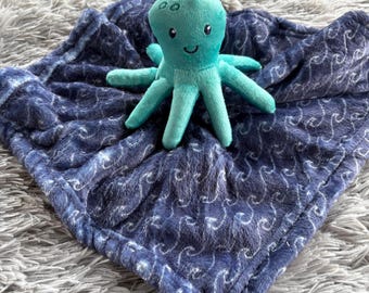 Octopus Aqua Blue & Navy Plush Personalized Newborn Lovie Lovey Security Blanket Baby Shower Gift