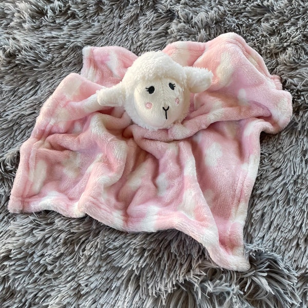 First Easter Lamb Sheep Pink Cloud Plush Personalized Embroidered Newborn Lovie Lovey Security Blanket Baby Shower Gift