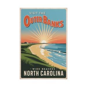 May include: Vintage-style travel poster for the Outer Banks, North Carolina. The design features a beach scene with a sunrise over the ocean, a sandy shore, and the text "Visit the Outer Banks" in orange and "North Carolina" at the bottom.