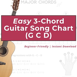 Easy 3-Chord Guitar Song Chart Printable | Beginner G C D Chords | Simple Progressions & Practice Guide | Instant Download PDF