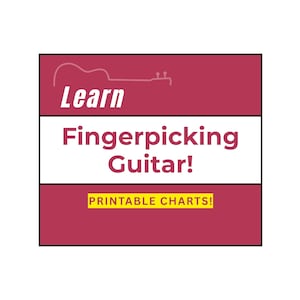 May include: A maroon and white graphic with the text "Learn Fingerpicking Guitar!" and "Printable Charts!". A guitar outline is at the top. The design is on a white background.