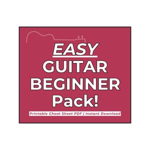 Op de afbeelding: Een bordeauxrode vierkante afbeelding met witte tekst die luidt "EASY GUITAR BEGINNER Pack!". Bovenin staat een lijntekening van een gitaar. De tekst "Printable Cheat Sheet PDF | Instant Download" staat onderaan.