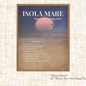 Arte para impressão Isola Mare – Arte de parede com poesia oceânica onírica, download digital em estilo vintage, decoração costeira de cidade imaginada, série de cartas de amor