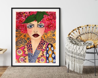 Floral Woman Wall Art Painting - Giclée Art Print of Beauty in Bloom Woman - Modern Art Living Room Décor with Flowers - female flower print