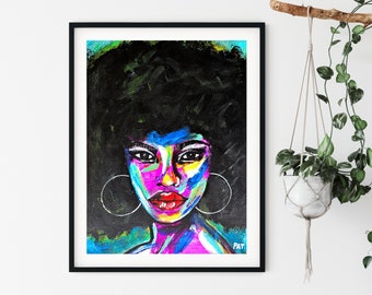 Woman Acrylic Painting Original Colorful Wall Art Print Giclee Art Print | Woman of Color | Woman With Black Hair Painting | Modern Painting