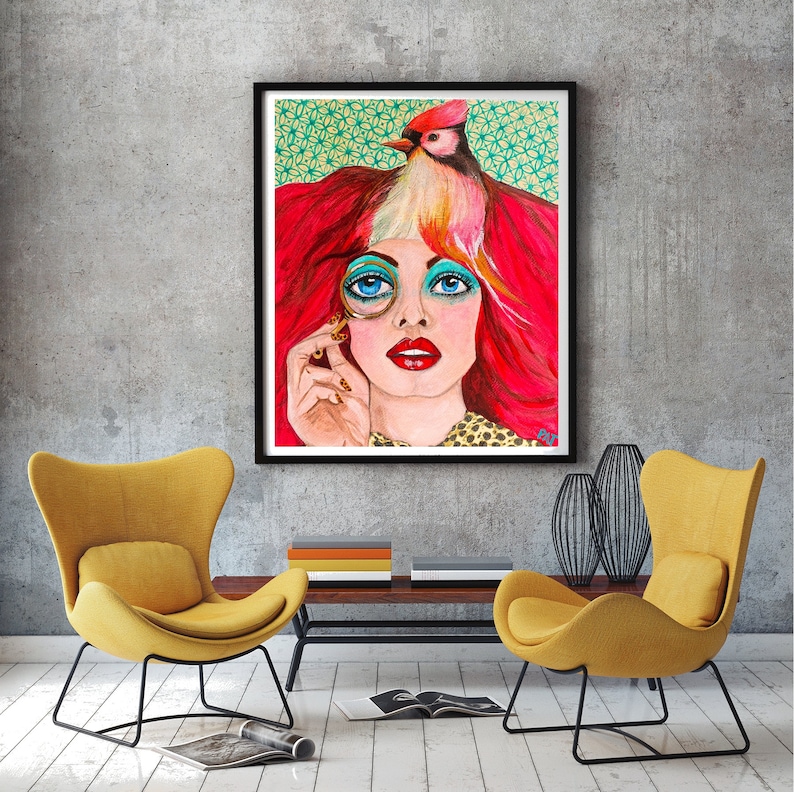 Modern Woman Acrylic Painting Original Wall Art on Stretched Canvas Woman With Bird Painting Modern Female Wall Art image 4