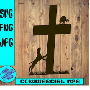 May include: A brown silhouette of a cross with a dog and raccoon. The dog is reaching up the cross, and the raccoon is on top. The image includes the text "SVG, PNG, JPG" and "COMMERCIAL USE".