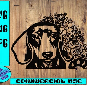 SVG デジタル ダウンロード。花をつけたダックスフントのダックスフント。Cricut やカッティング マシンに最適です。ぜひご覧ください。