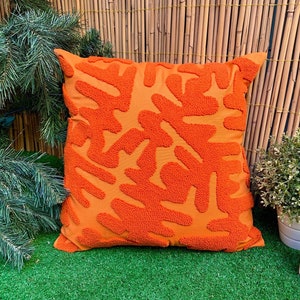 Orange Punch Pillow , Hand Tufted Punch Needle Pillow Cover / Psychedelic Orange Punch Pillow / Handmade Unique Embroidered Cushion Cover