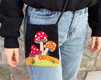 Punch Needle Bag / Punch Phone Bag / Punch Embroidered Mini Crossbody bag / Mushroom Punch Phone Bag Case With Strap Boho