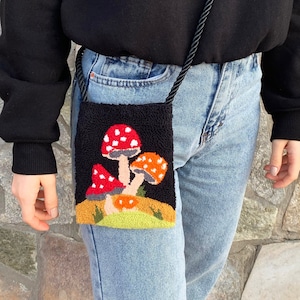 Punch Needle Bag / Punch Phone Bag / Punch Embroidered Mini Crossbody bag / Mushroom Punch Phone Bag Case With Strap Boho