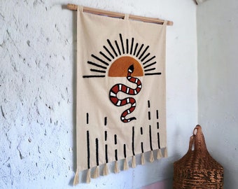 Hand Tufted Snake and Sun Wall Art: Bohemian Tapestry