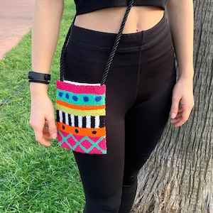 Punch Needle Bag / Punch Phone Bag / Punch Embroidered Mini Crossbody bag / Neon Tribal Punch Phone Bag Case With Strap Boho