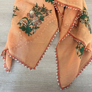 Vintage Turkish Cotton Scarf: Floral Hand Painted Oya Lace, Tan Yemeni