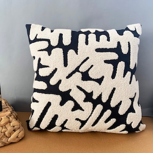 Punch Pillow , Hand Tufted Punch Needle Pillow Cover / Psychedelic Black and Light Beige Punch Pillow / Handmade Unique Cushion Cover